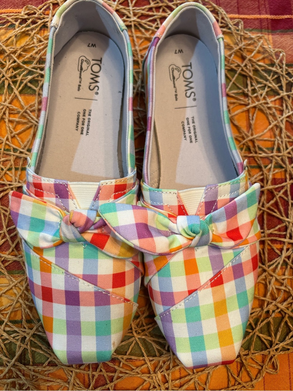 TOMS Multicolor Gingham Knot Flats - Rainbow Check